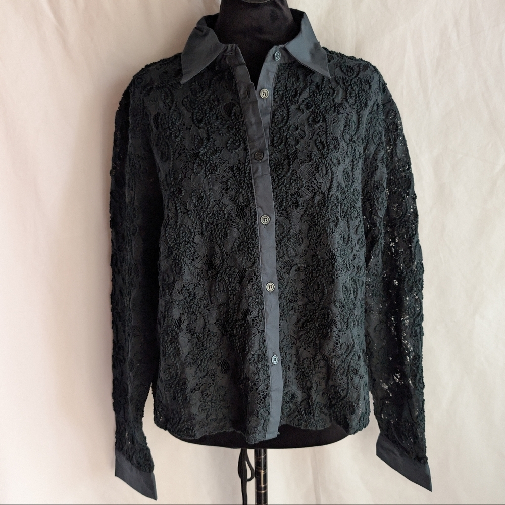 KATIES Dark Green Lace Button-Up Blouse Jacket Size 14